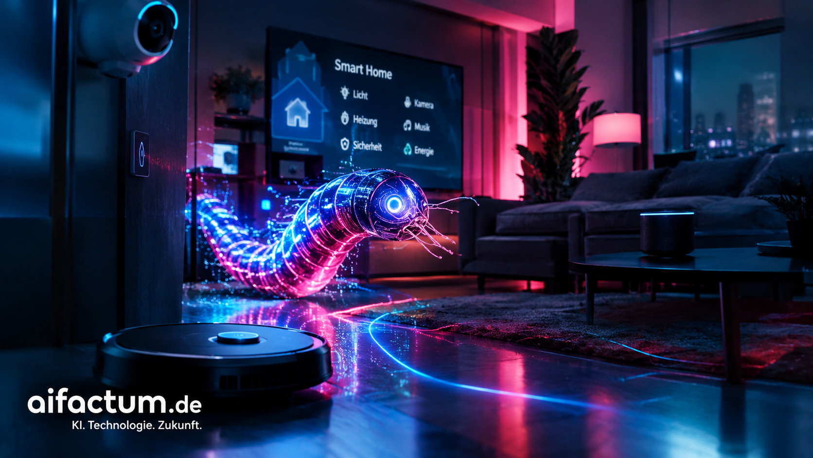 Selbstreplizierender KI-Wurm im neonbeleuchteten Smart Home mit vernetzten Geräten und digitaler Bedrohung