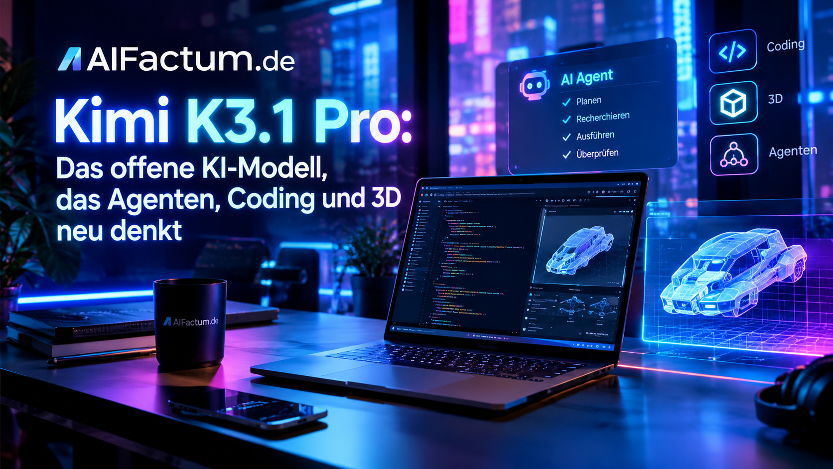 Futuristischer Arbeitsplatz mit KI-Coding auf einem Laptop, holografischem 3D-Modell und Visualisierung autonomer KI-Agenten in blauer und violetter Neonbeleuchtung.